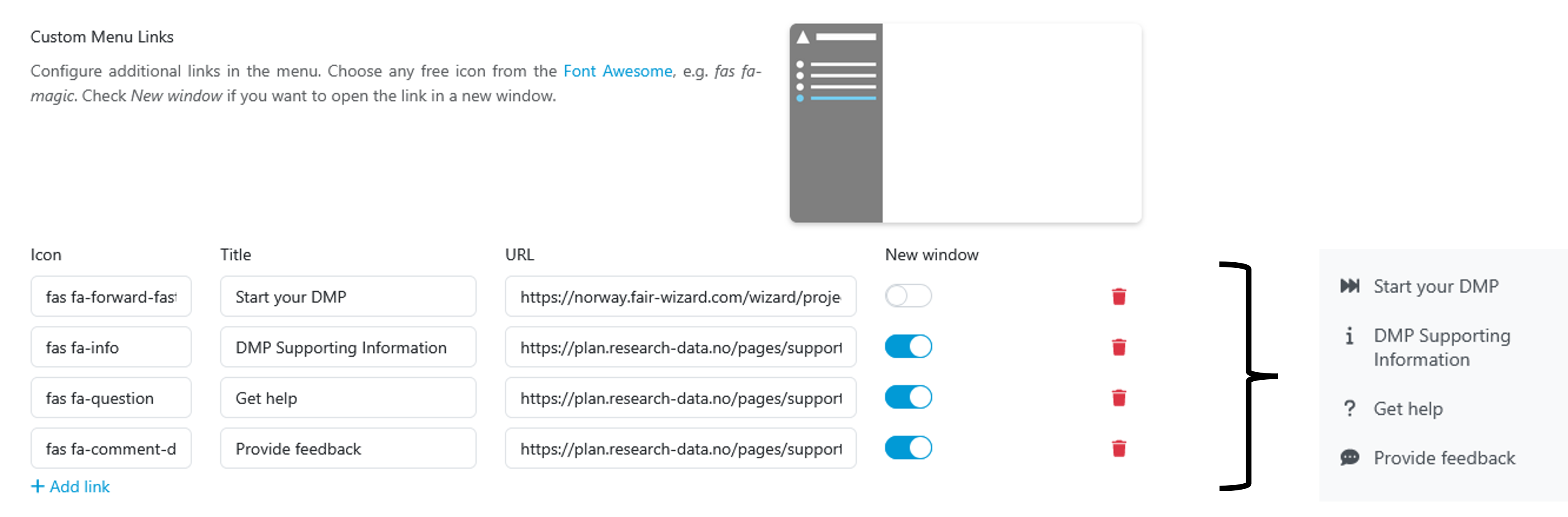 Screenshot of user interface settings (left) and appearance for user (right): Start your DMP, DMP Supporting Information, Get help, Provide feedback.