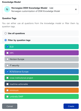 Advanced setup allows to customize questionnaire based on question tags. Selected tags on the screenshot: Science Europe/RCN and ELSI.