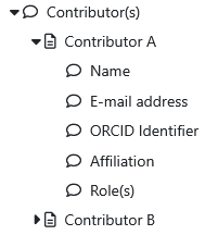 Screenshot of the question Contibutor(s) in the chapter 'About the DMP', with two contributors added. Contributor are named 'Contributor A' and 'Contributor B' added. The follow-up questions (Name, E-mail address, ORCID Identifier etc.) for 'Contributor A' are expanded and for 'Contributor B' minimized.